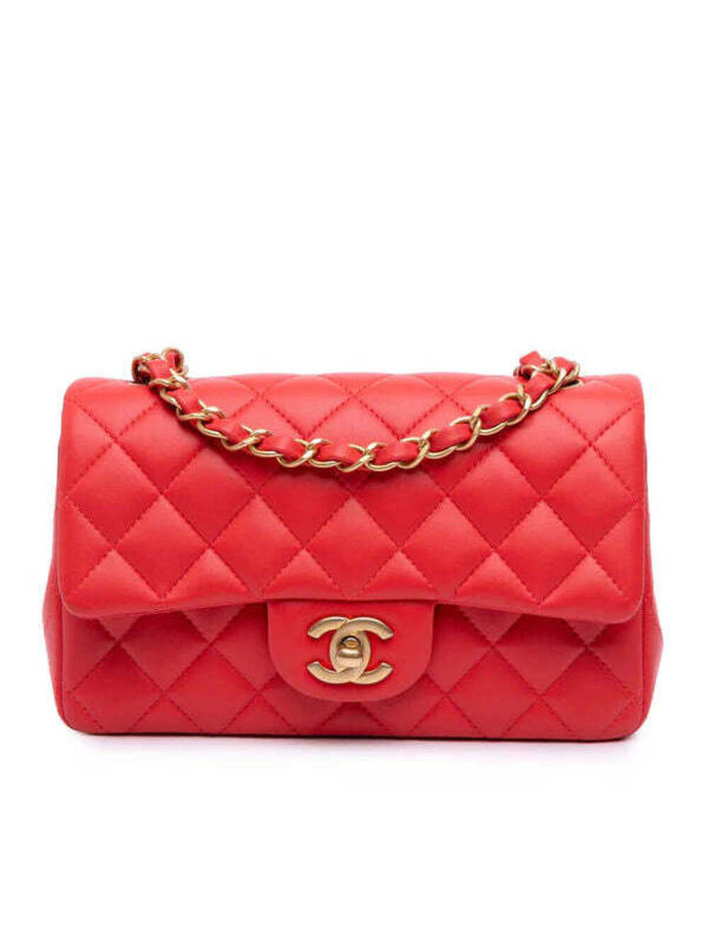 CHANEL MINI SQUARE CLASSIC FLAP BAG RED LAMBSKIN GOLD HARDWARE